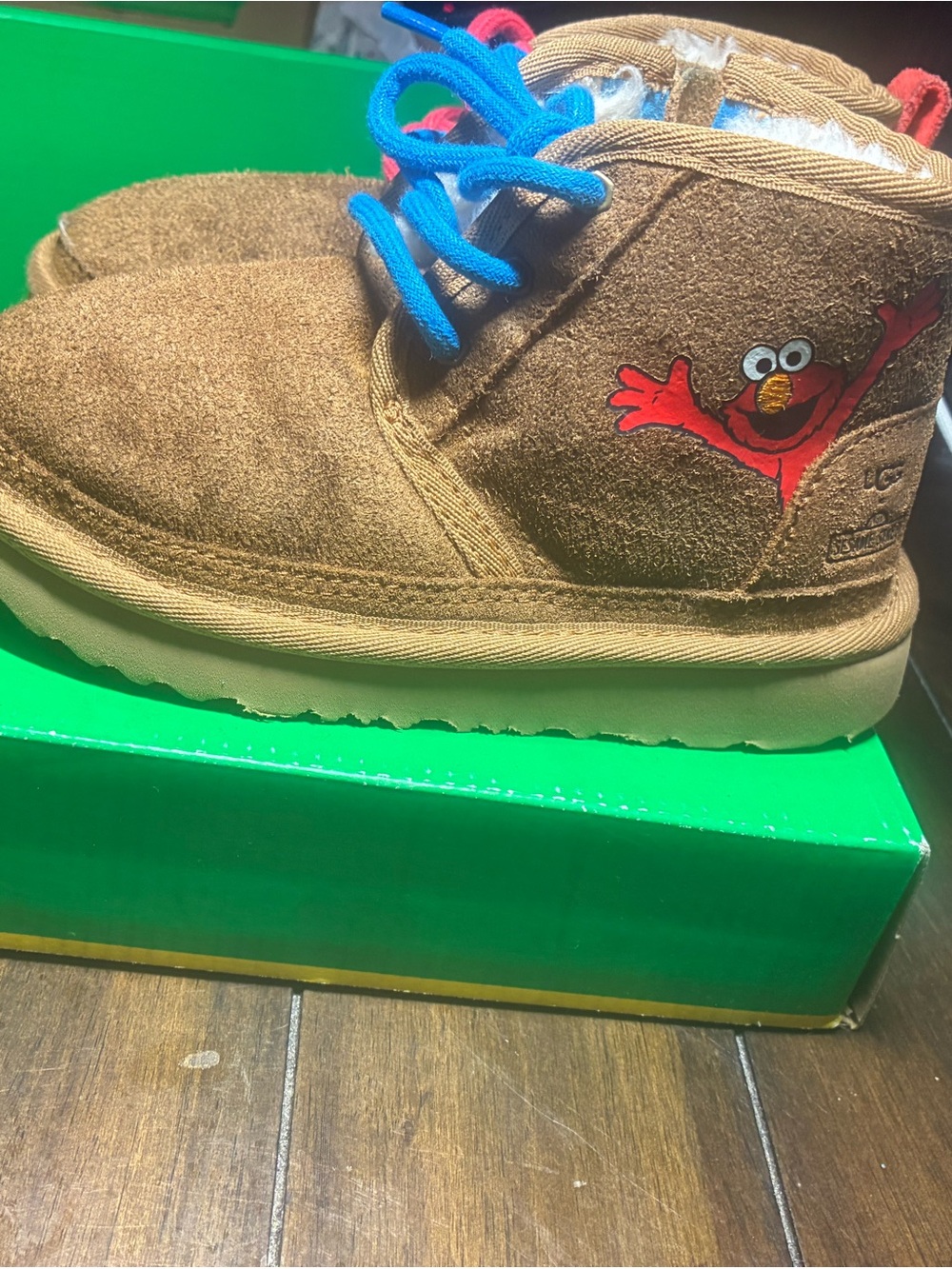 UGG Kids Brown Suede Boots with Red Elmo Patch and Blue Laces